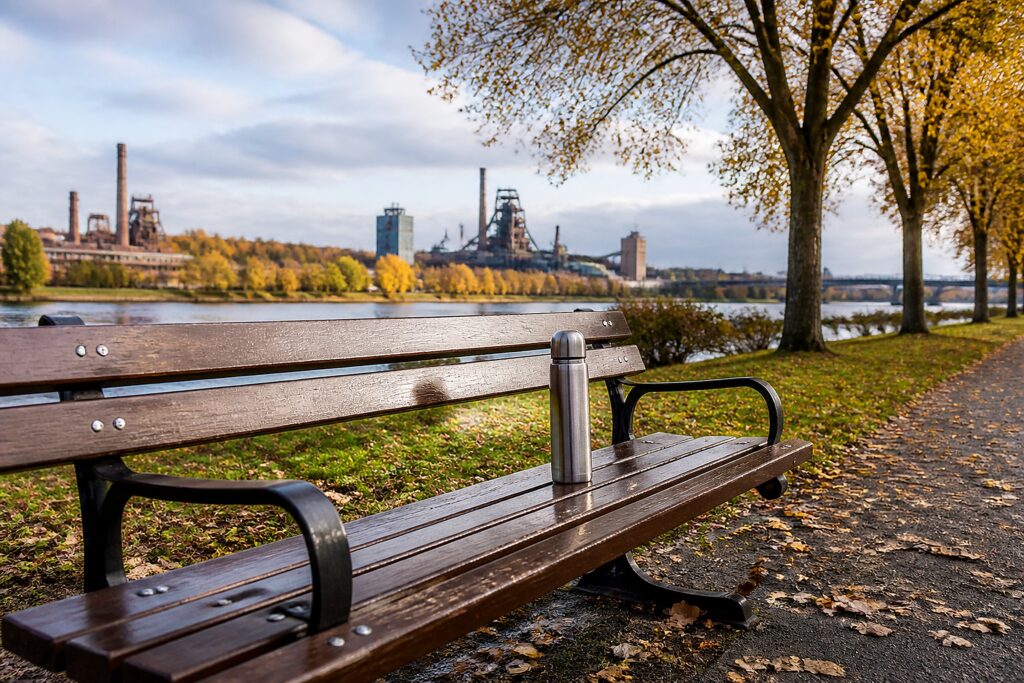 Leere Parkbank mit Thermoskanne am Flussufer im Herbst