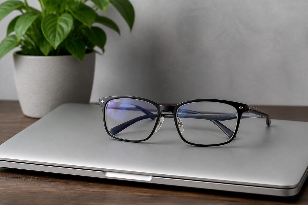 Bildschirmbrille auf einem zugeklappten Laptop am Schreibtisch