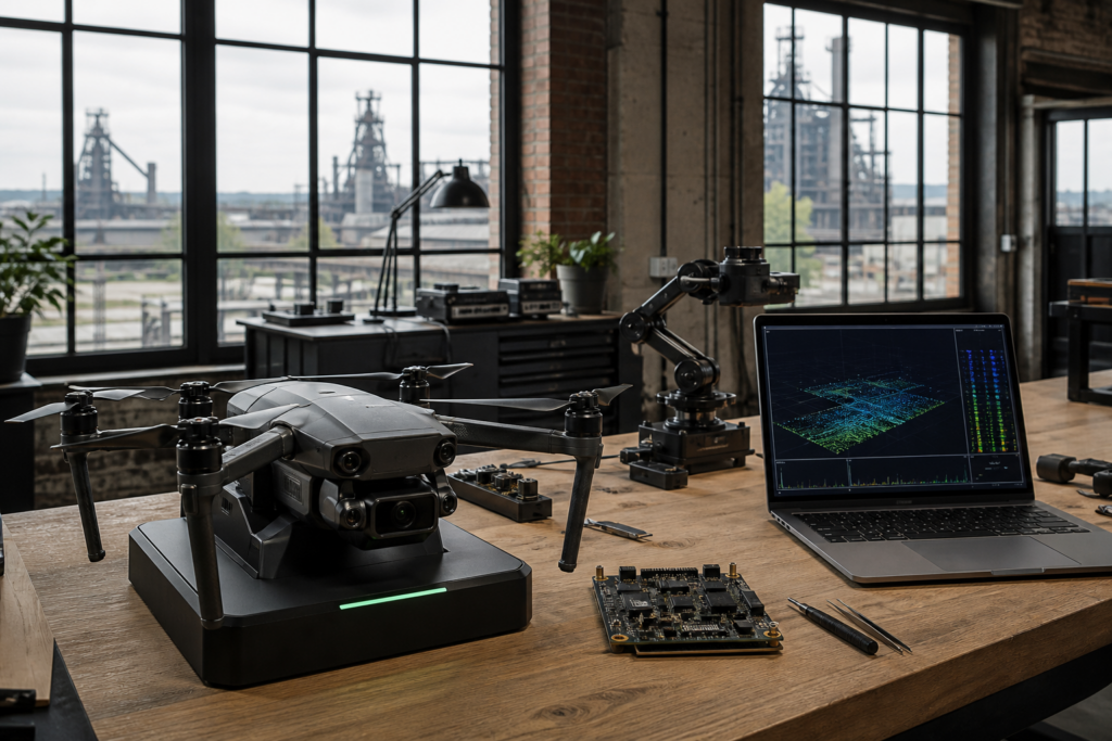 Drohne, Roboterarm und Elektronik auf einem Werkbanktisch in einem Loft mit Blick auf das Ruhrgebiet