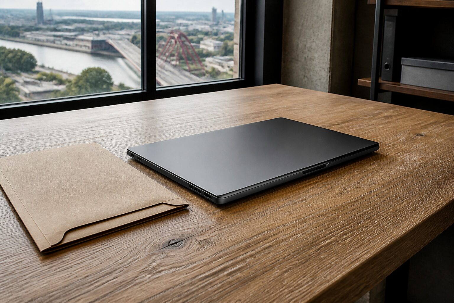 Aufgeräumter Schreibtisch mit Laptop und Aktenordner im Gegenlicht