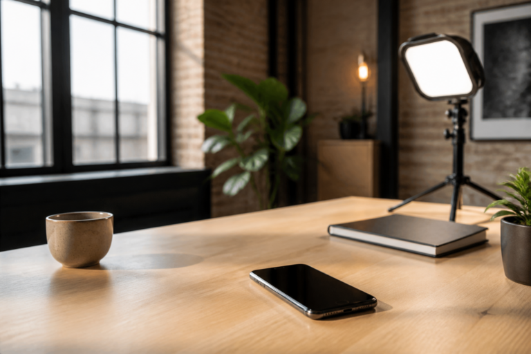 Schreibtisch mit Smartphone und Studiolicht in einem hellen Arbeitsraum