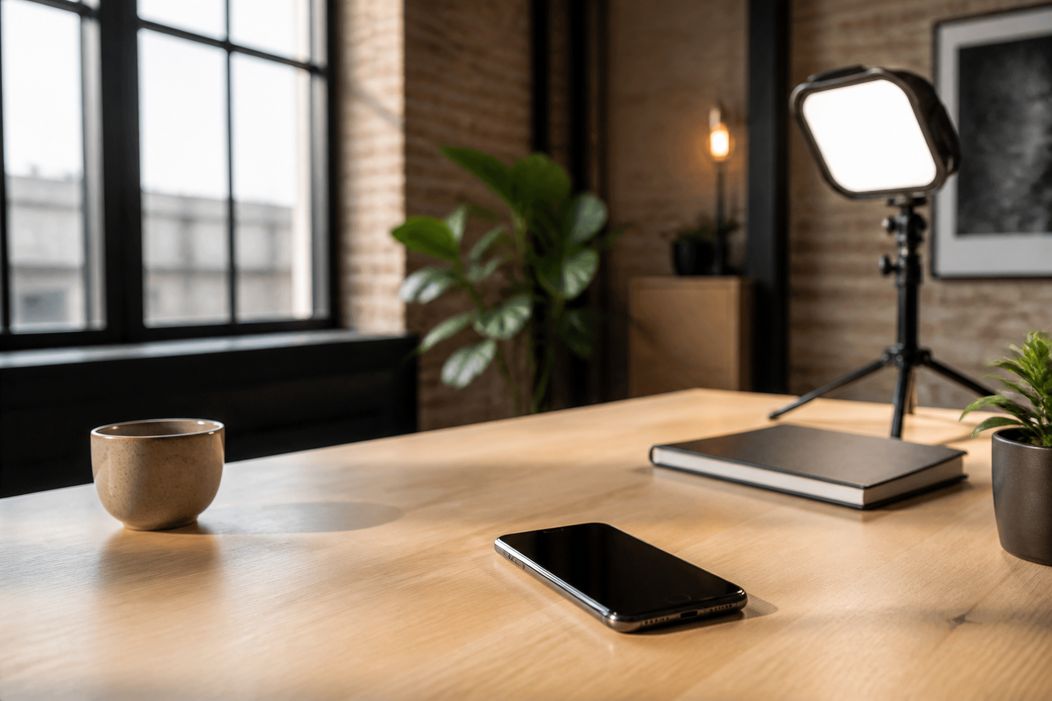 Schreibtisch mit Smartphone und Studiolicht in einem hellen Arbeitsraum