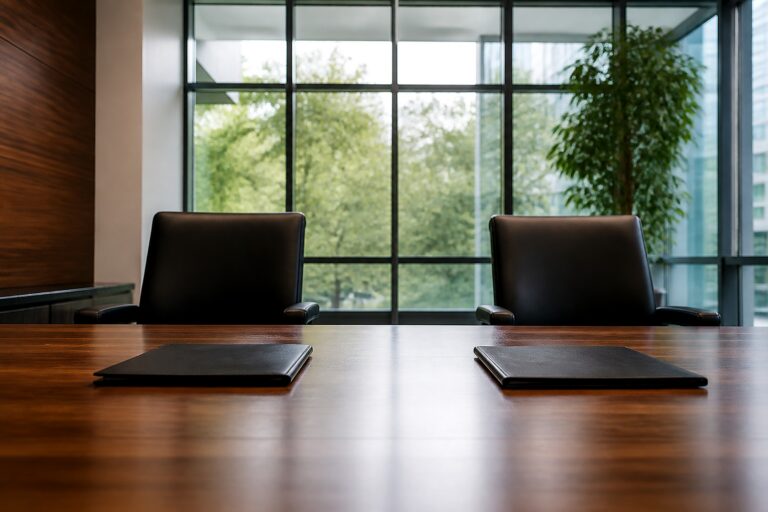 Leerer Konferenztisch mit zwei Ordnern vor großen Fenstern