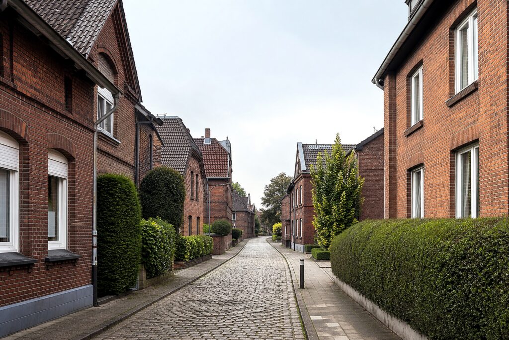 Ruhige Wohnstraße mit Backsteinhäusern im Ruhrgebiet