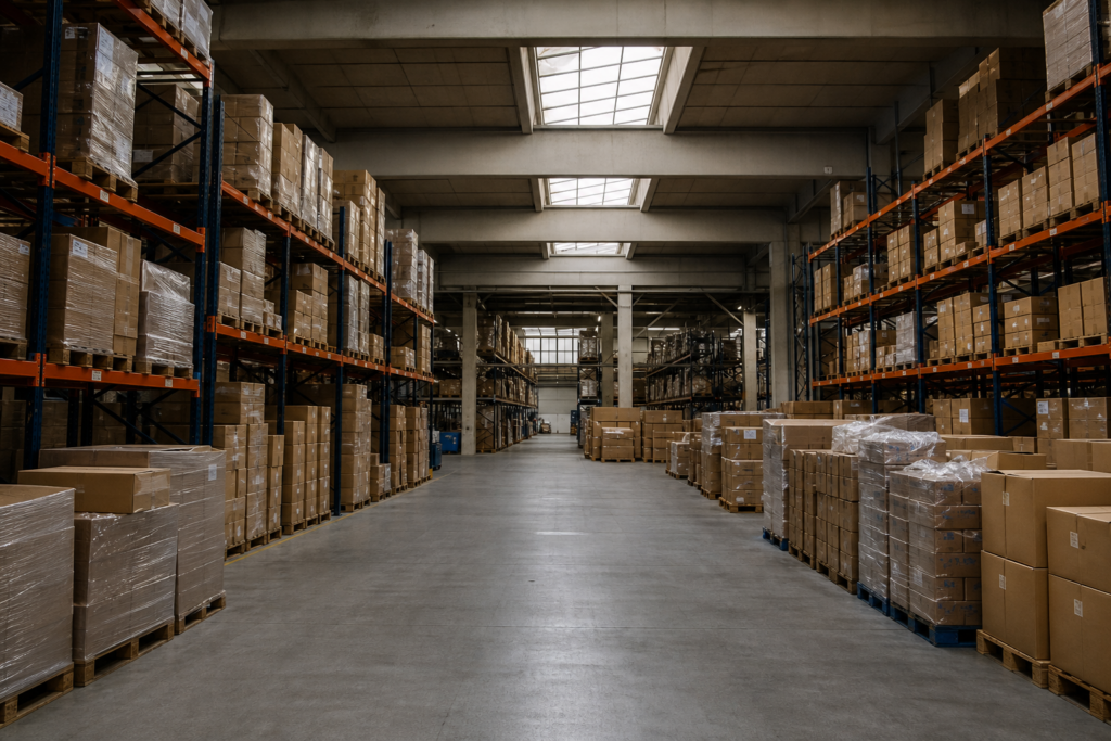 Blick in ein europäisches Logistiklager mit Palettenregalen und Kartons