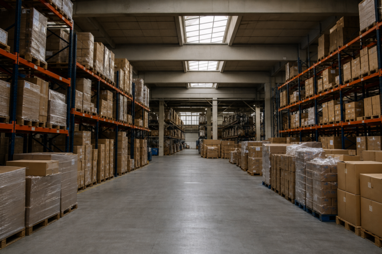 Blick in ein europäisches Logistiklager mit Palettenregalen und Kartons