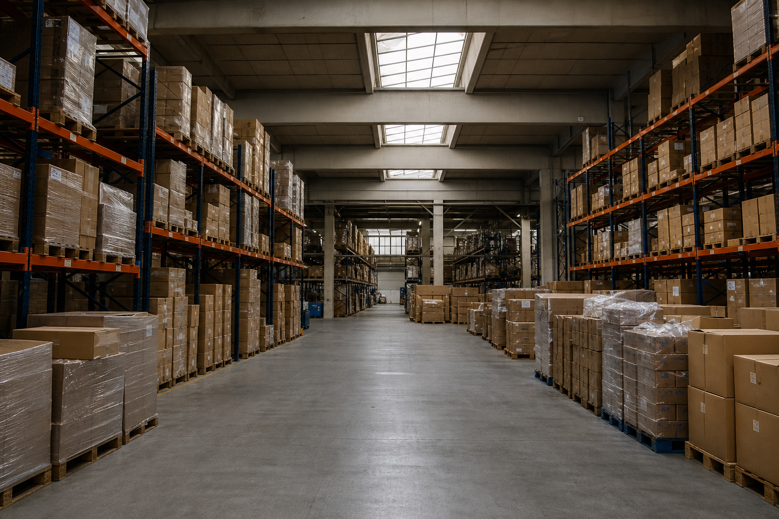 Blick in ein europäisches Logistiklager mit Palettenregalen und Kartons