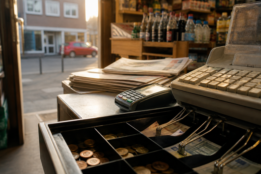 Offene Kassenschublade mit Bargeld und Kartenterminal in einem Kiosk