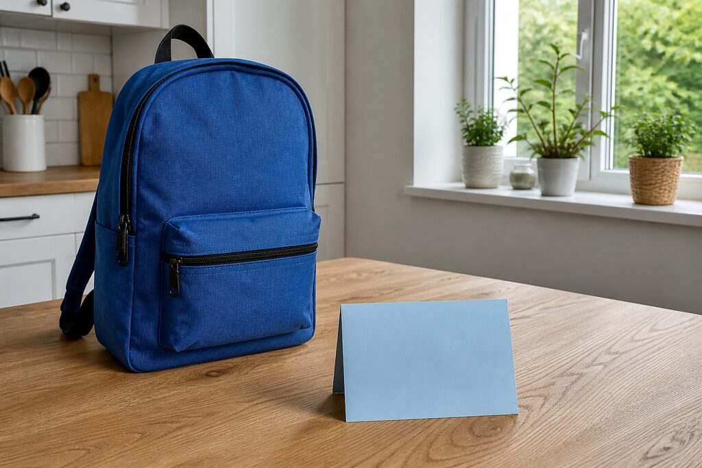 Rucksack und Unterlagen auf einem Küchentisch im Tageslicht