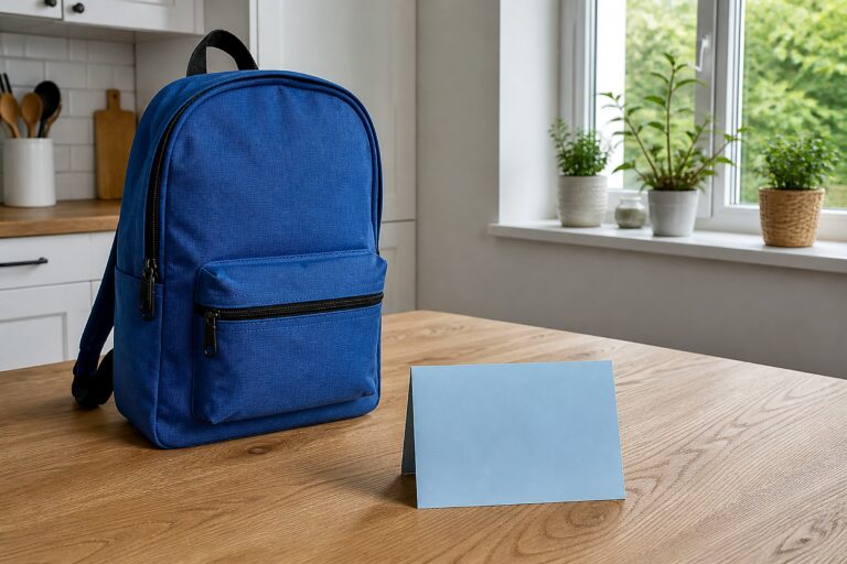 Rucksack und Unterlagen auf einem Küchentisch im Tageslicht