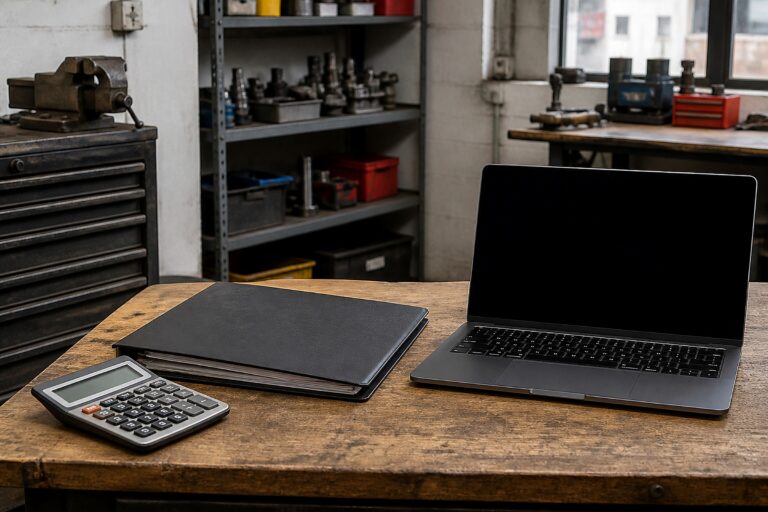 Kleines Werkstattbüro mit Laptop, Ordner und Taschenrechner