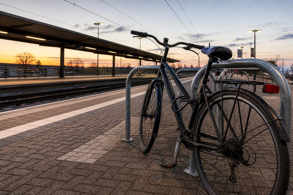 Fahrrad am leeren Bahnsteig im Morgenlicht