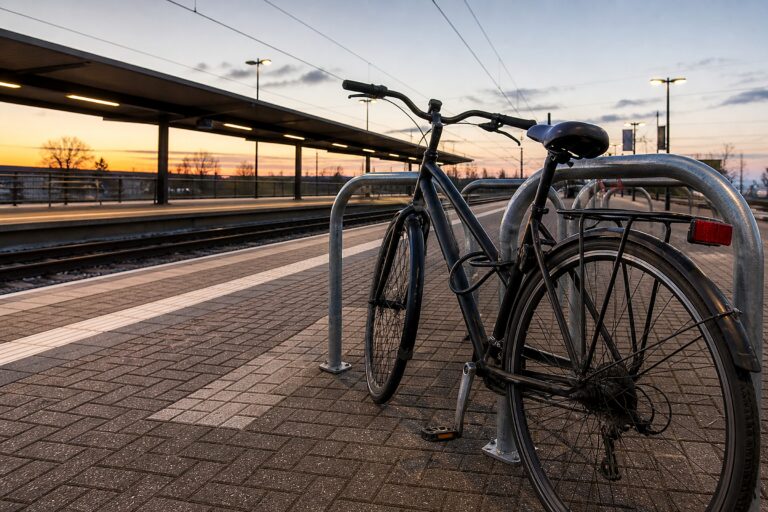 Fahrrad am leeren Bahnsteig im Morgenlicht