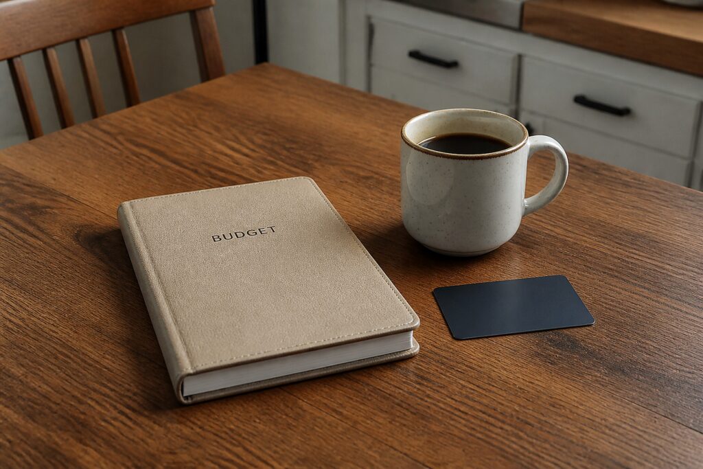 Haushaltsbuch, Kaffeetasse und umgedrehte Bankkarte auf einem Küchentisch
