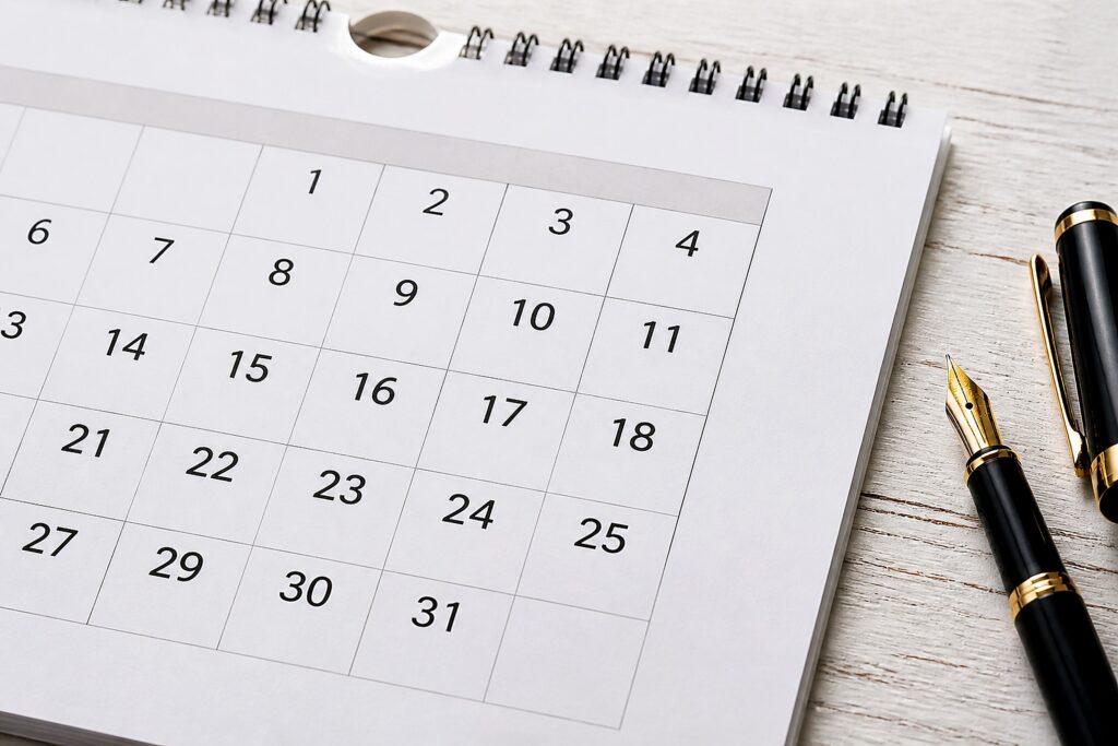 Wandkalender und Füllhalter auf einem Schreibtisch