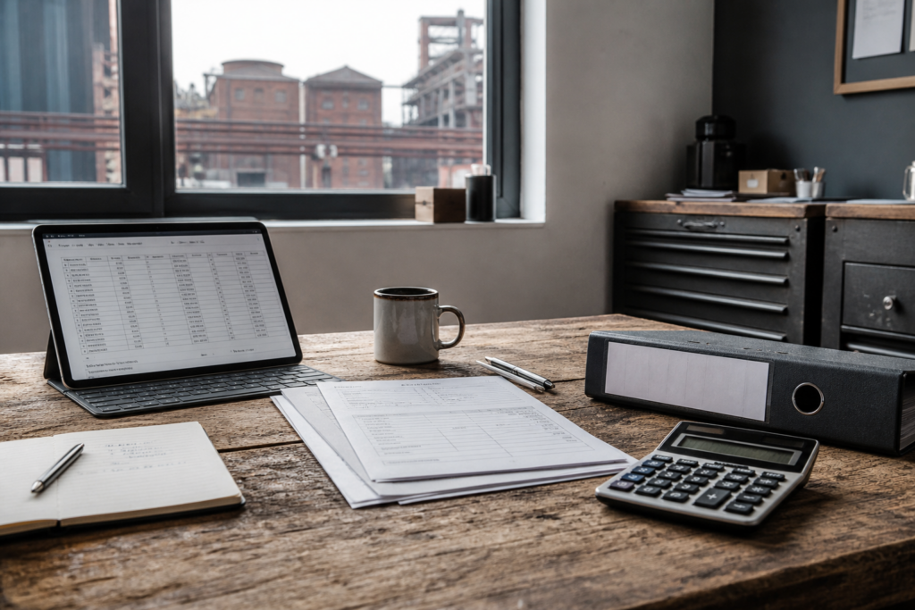Schreibtisch mit Belegen, Ordner und Tablet in einem Handwerkerbüro