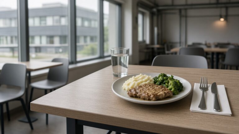 Gedeckter Kantinentisch mit Mittagsgericht, Glas Wasser und Besteck in einer ruhigen Betriebskantine