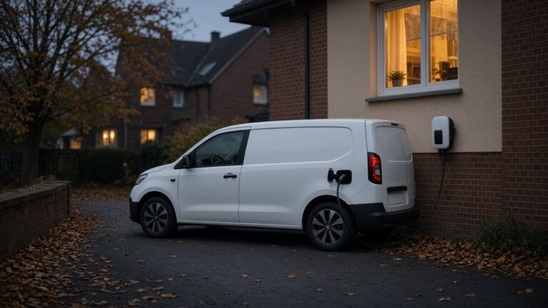 Elektrischer Handwerkertransporter an einer Wallbox in einer Einfahrt