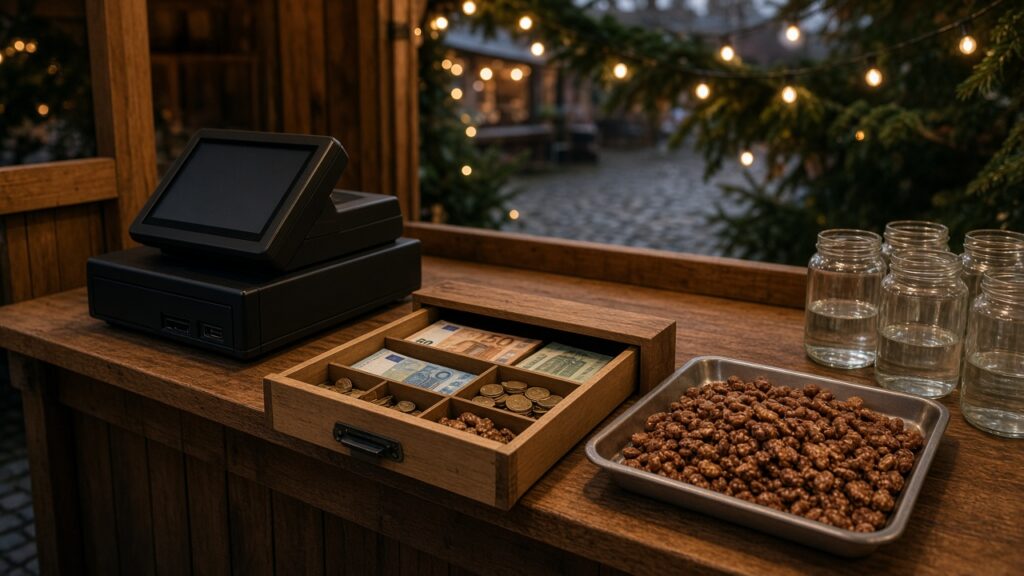 Holzkasse und Kassensystem auf einem Weihnachtsmarktstand mit gerösteten Mandeln