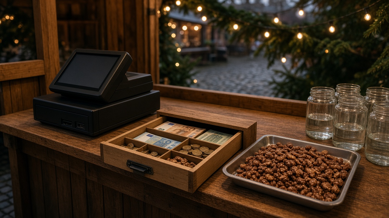 Holzkasse und Kassensystem auf einem Weihnachtsmarktstand mit gerösteten Mandeln