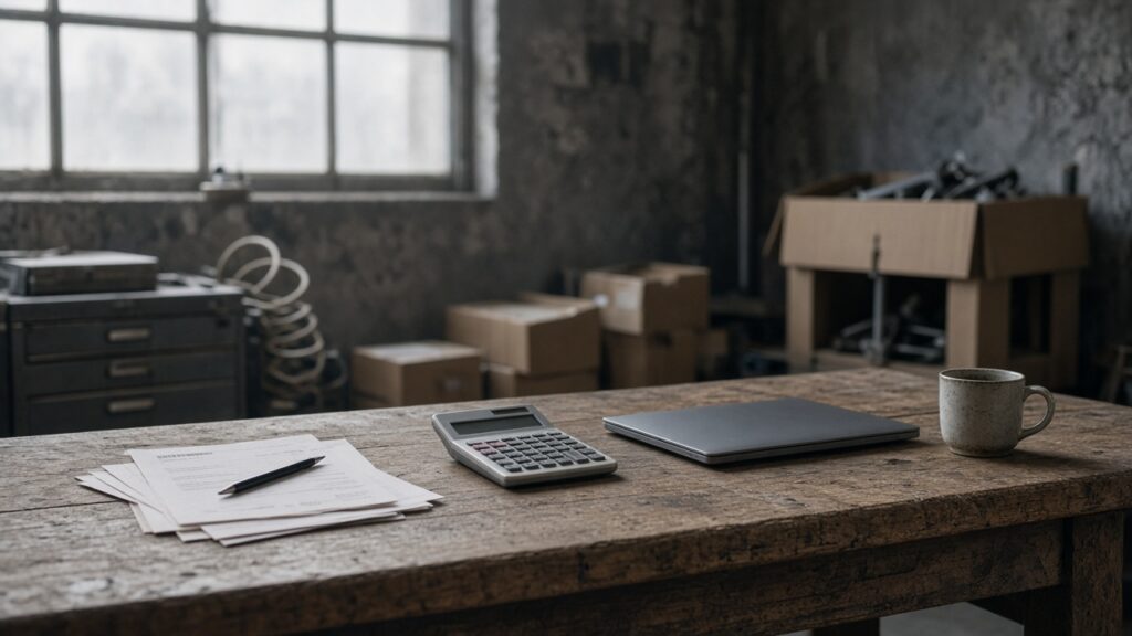 Werkbank mit Rechnungen, Taschenrechner und Laptop, Versandkartons im Hintergrund