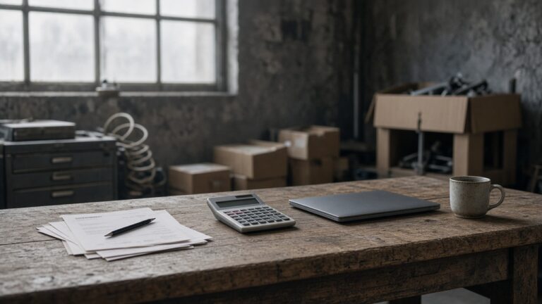 Werkbank mit Rechnungen, Taschenrechner und Laptop, Versandkartons im Hintergrund