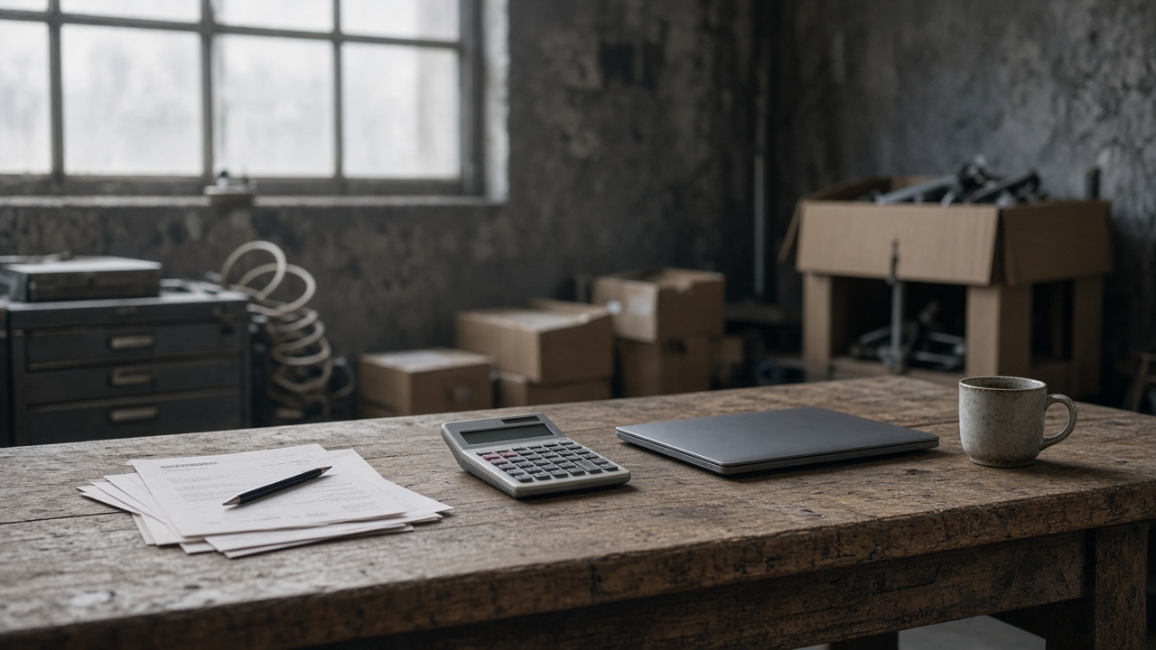 Werkbank mit Rechnungen, Taschenrechner und Laptop, Versandkartons im Hintergrund