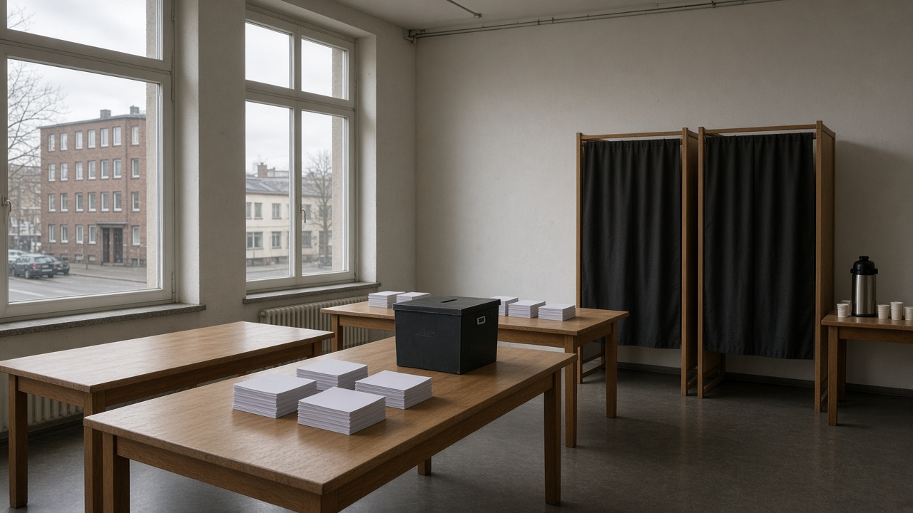 Leeres Wahllokal mit Wahlurne, Stimmzetteln und Wahlkabinen in Duisburg