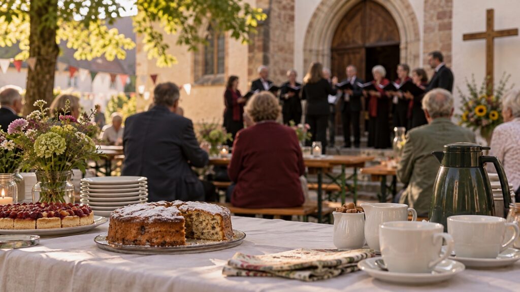 Symbolbild: Kuchen und Kaffee bei einem Gemeindefest mit Chor im Hintergrund