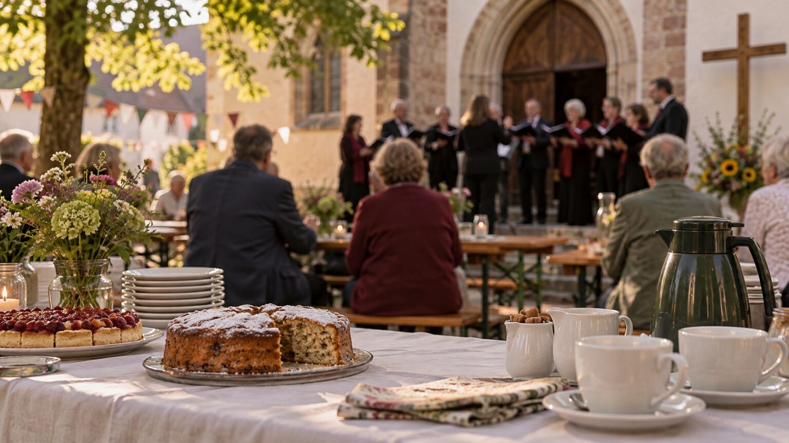Symbolbild: Kuchen und Kaffee bei einem Gemeindefest mit Chor im Hintergrund