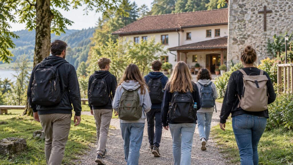Symbolbild: Jugendliche und Begleitpersonen auf dem Weg zu einem kirchlichen Tagungshaus